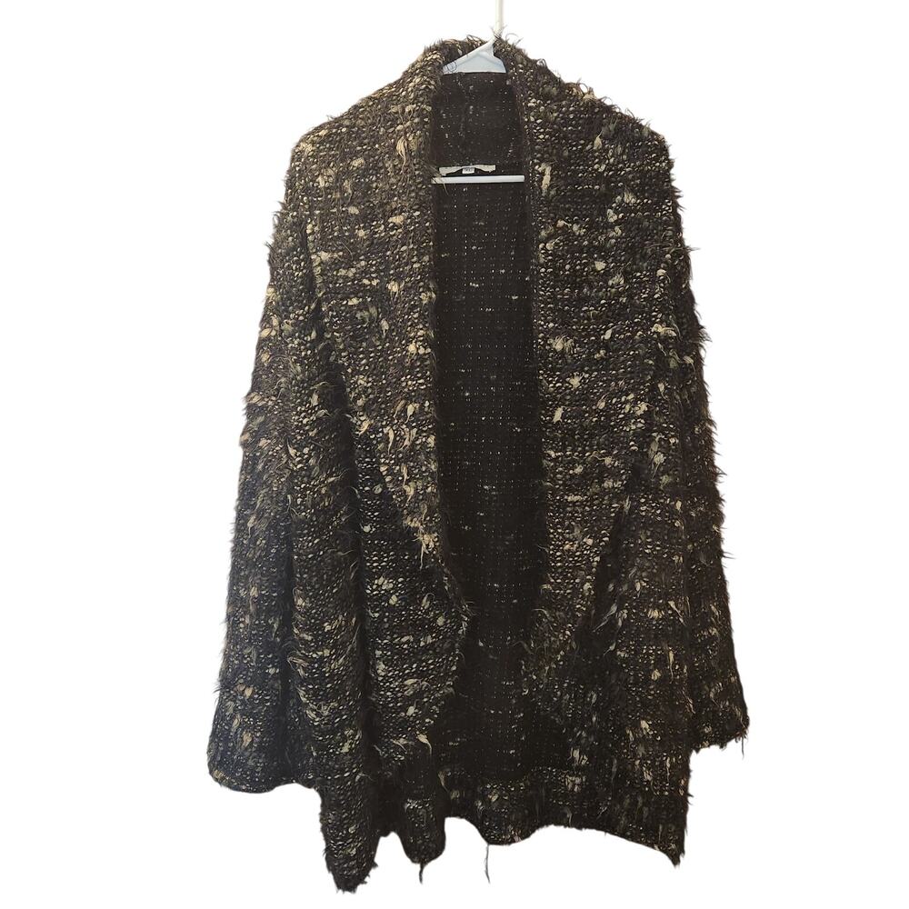Bryn Walker Black Cream Italian Fabric Heavy Knit Open Front Cardigan Jacket XL